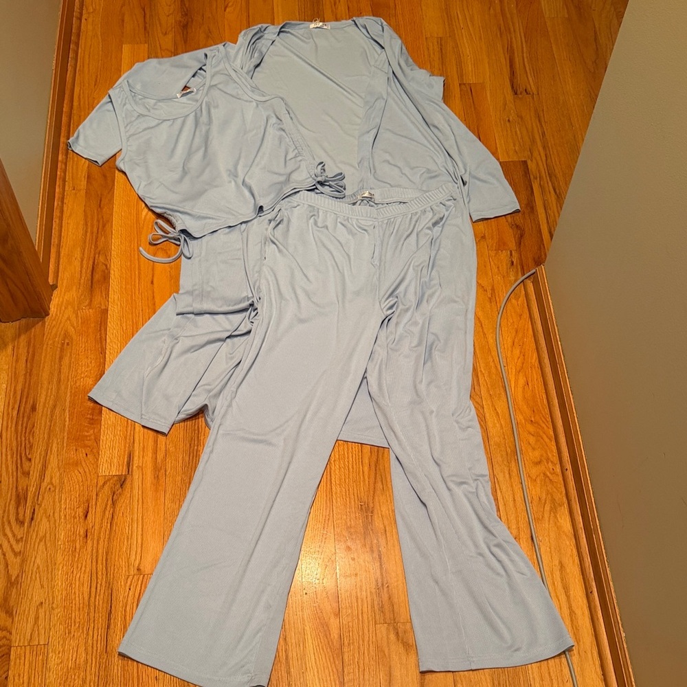 Ekouaer Women Large L Ribbed Knit Side Tie Light Blue 3 Piece Lounge Set NWT